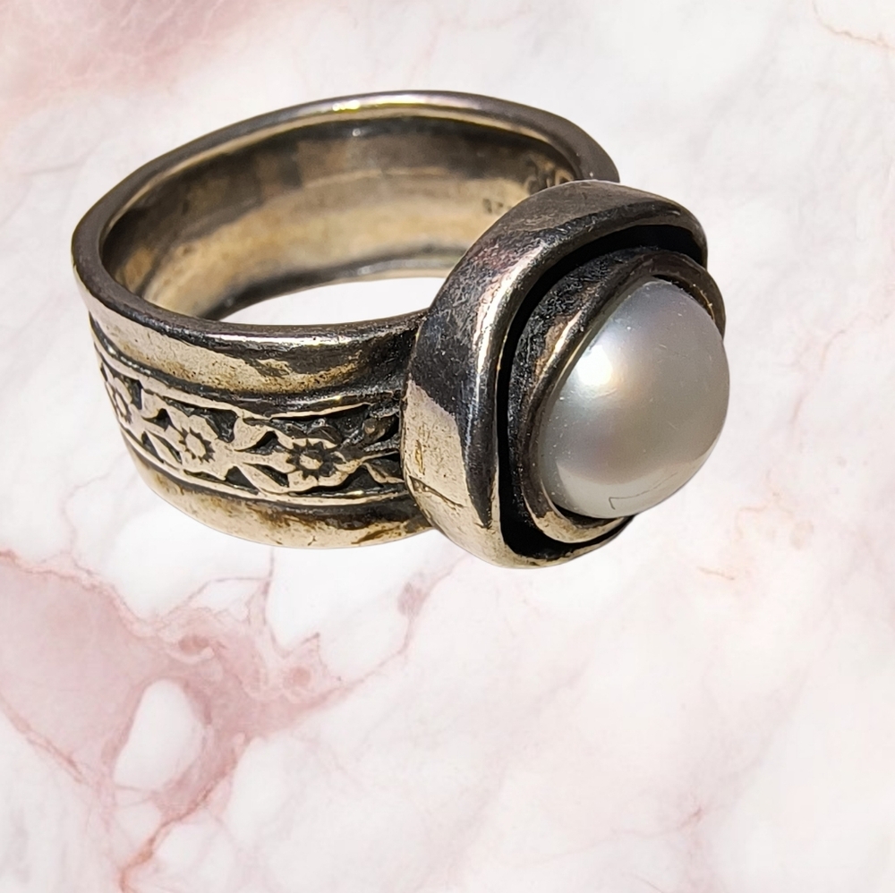 Shablool Israel Didae Genuine Pearl And Sterling Silver Crafted Chunky Ring